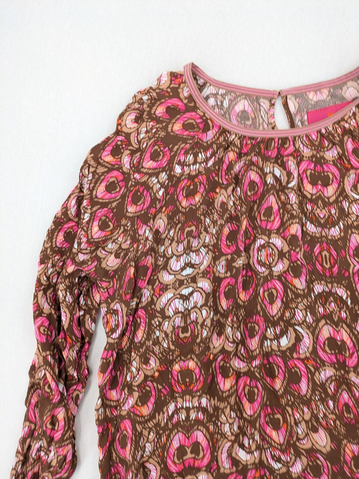 Lieblingsstück brown and pink patterned blouse, lightweight viscose, round neckline, long sleeves.