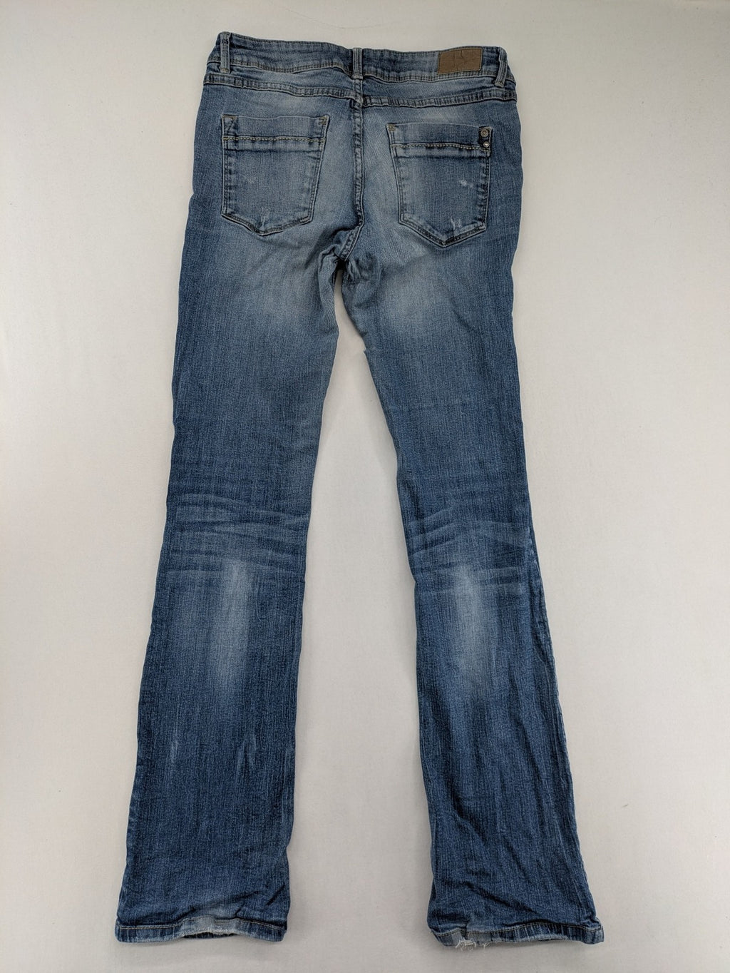 C&A blue bootcut jeans with faded denim and low rise fit, made from cotton blend.