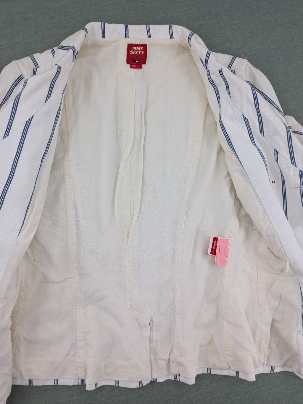 Miss Sixty vintage blazer white and blue striped cotton with logo and unique button closures.