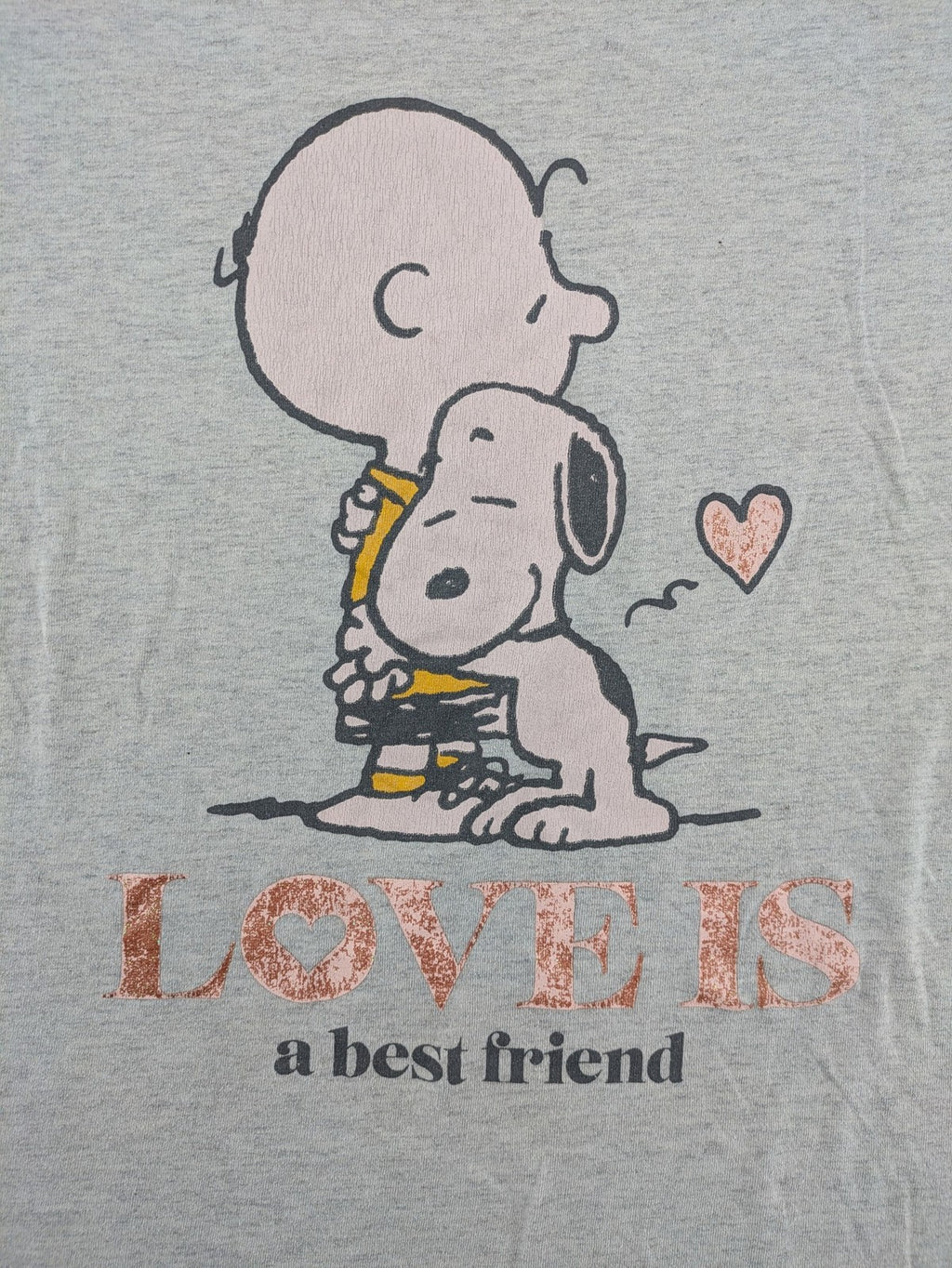 Peanuts brown vintage top with Snoopy and Charlie Brown illustration, rose gold text.