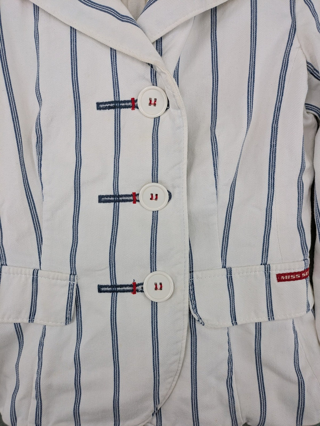 Miss Sixty vintage blazer white and blue striped cotton with logo and unique button closures.