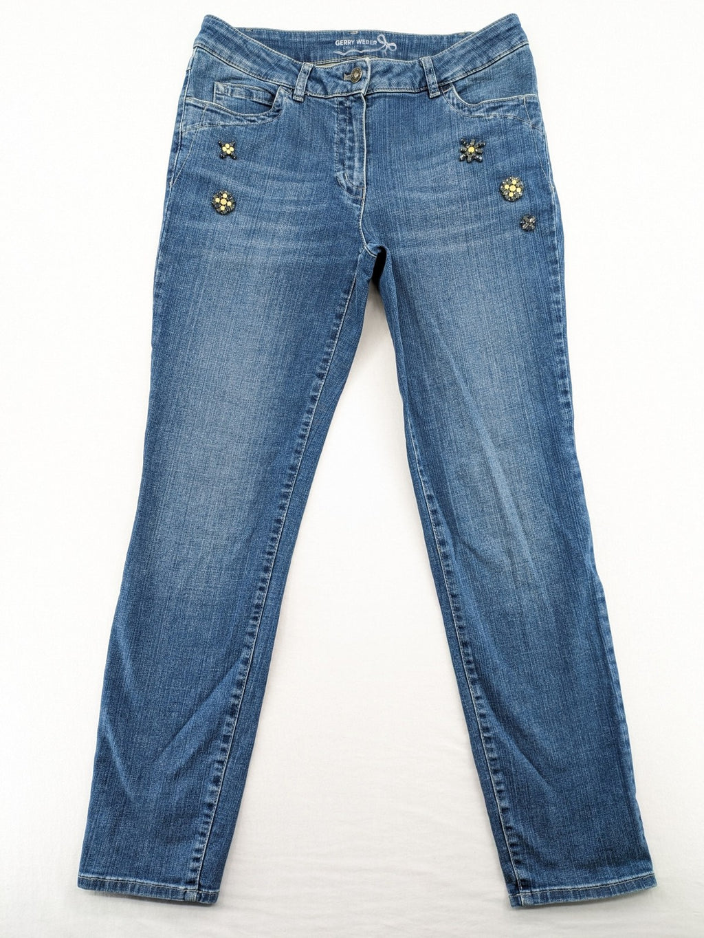 Gerry Weber blue straight jeans with decorative rhinestone appliqués and stretch denim material.