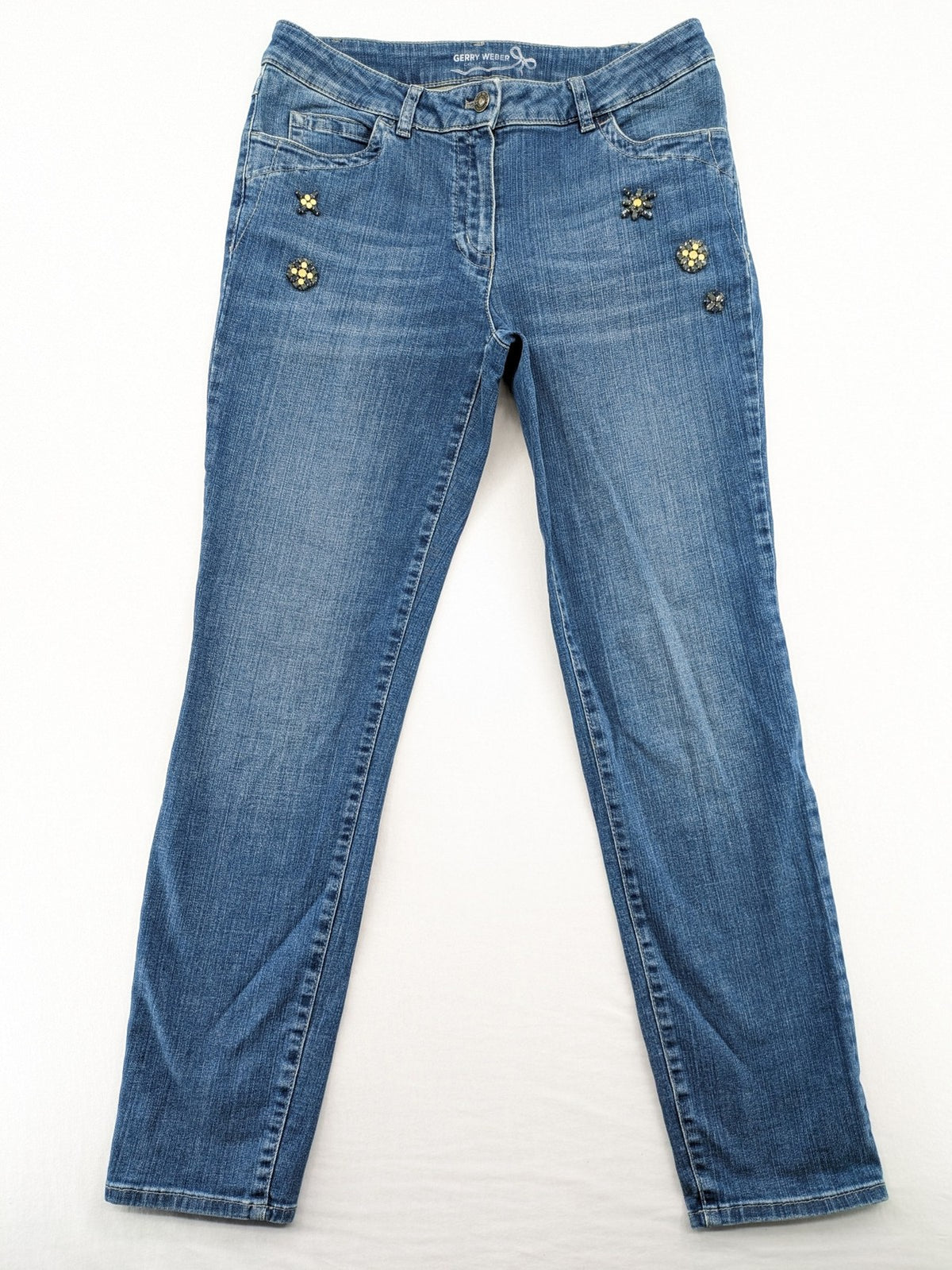 Gerry Weber blue straight jeans with decorative rhinestone appliqués and stretch denim material.