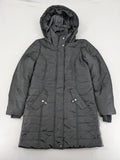 Vero Moda black quilted jacket with hood, reflective stripes, nylon material.