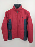 US Polo Assn. puffer jacket navy red two-tone design with embroidered logo and zip pockets.