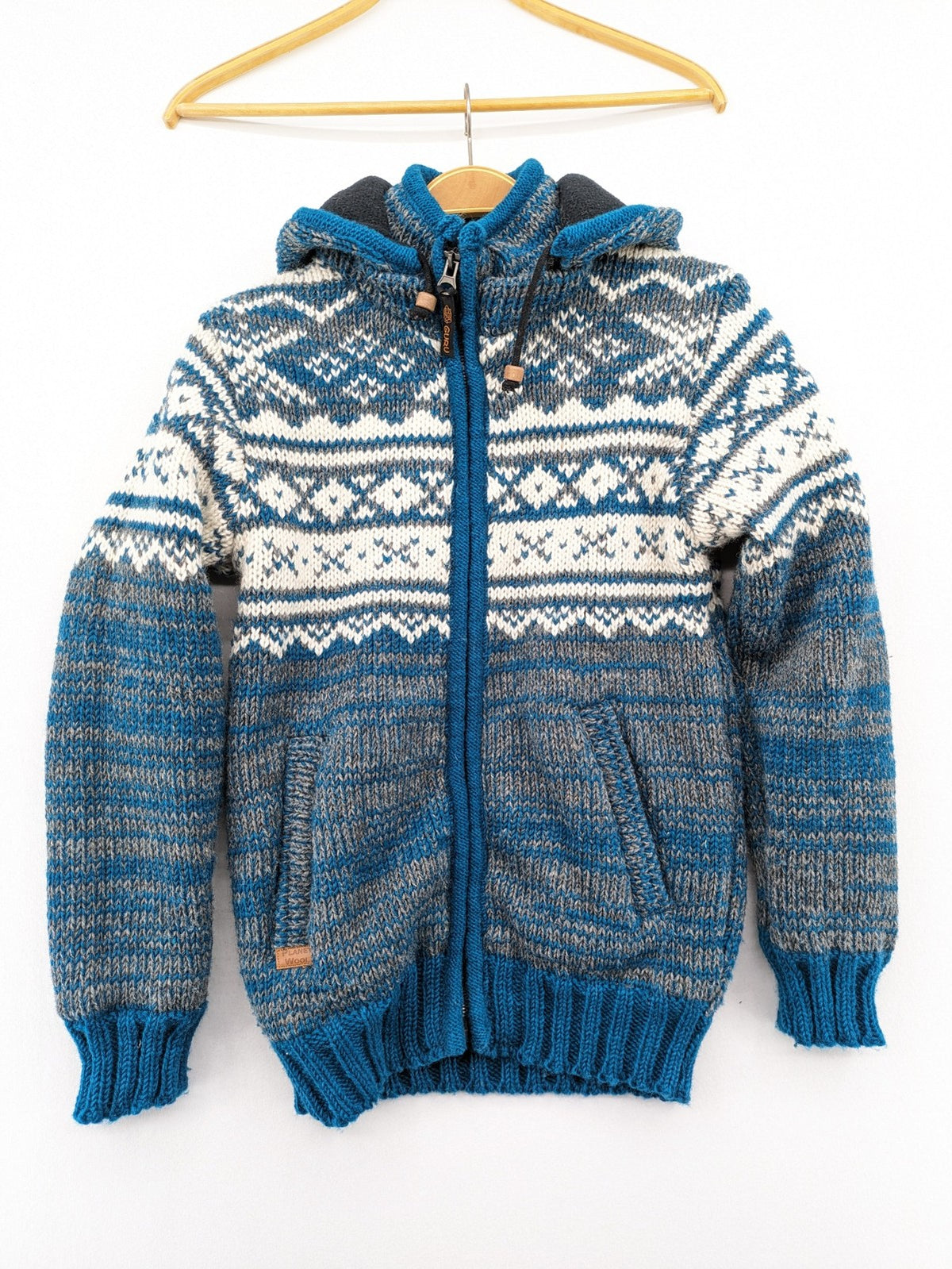 guru turtle neck jumper blue grey white fair isle pattern fleece lined zip design