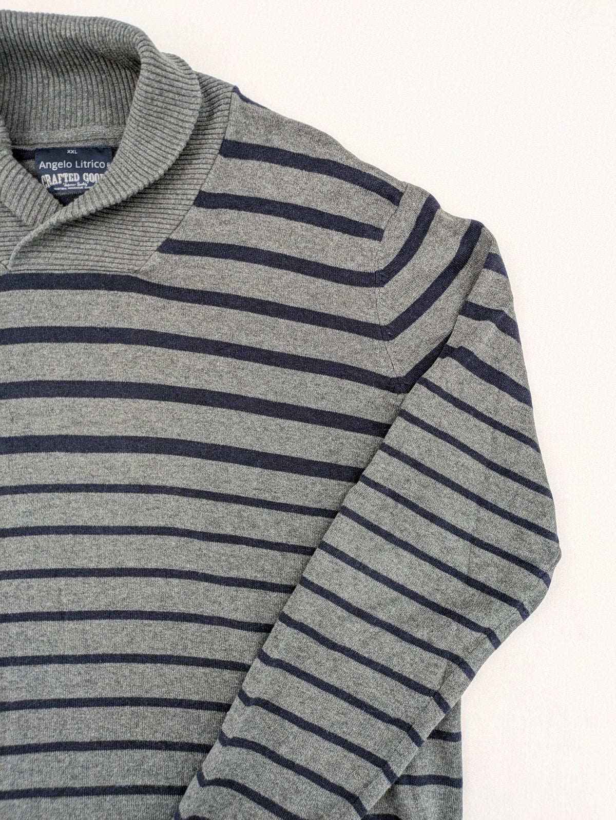 Angelo Litrico grey and navy striped turtle neck jumper with stylish shawl collar.