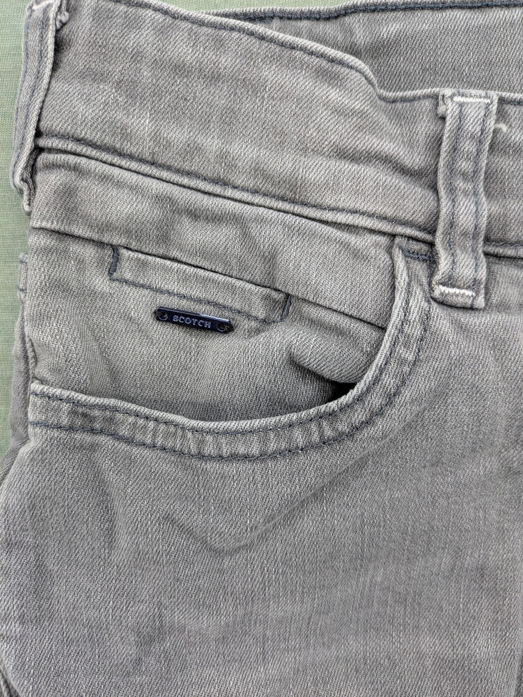 Scotch & Soda grey straight jeans with classic five-pocket design and logo patch.