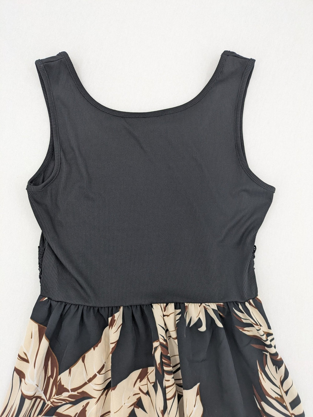 Kontrast summer dress beige tropical leaf print with black ribbed tank top and lace trim.