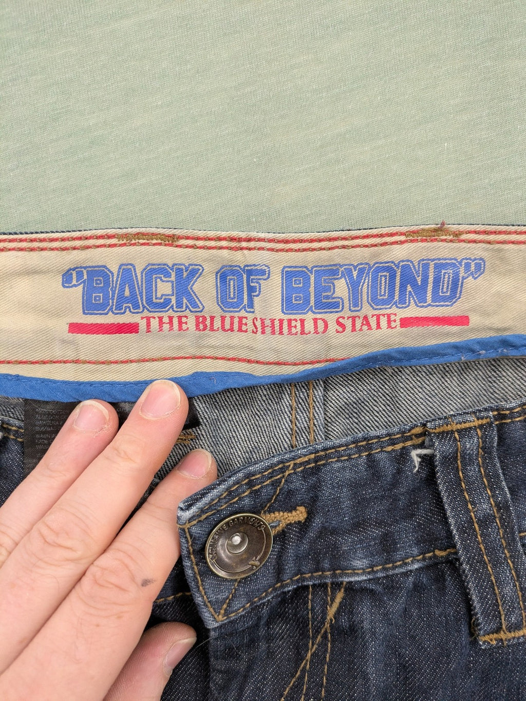 Back Of Beyond blue straight jeans 5-pocket design with classic denim wash.