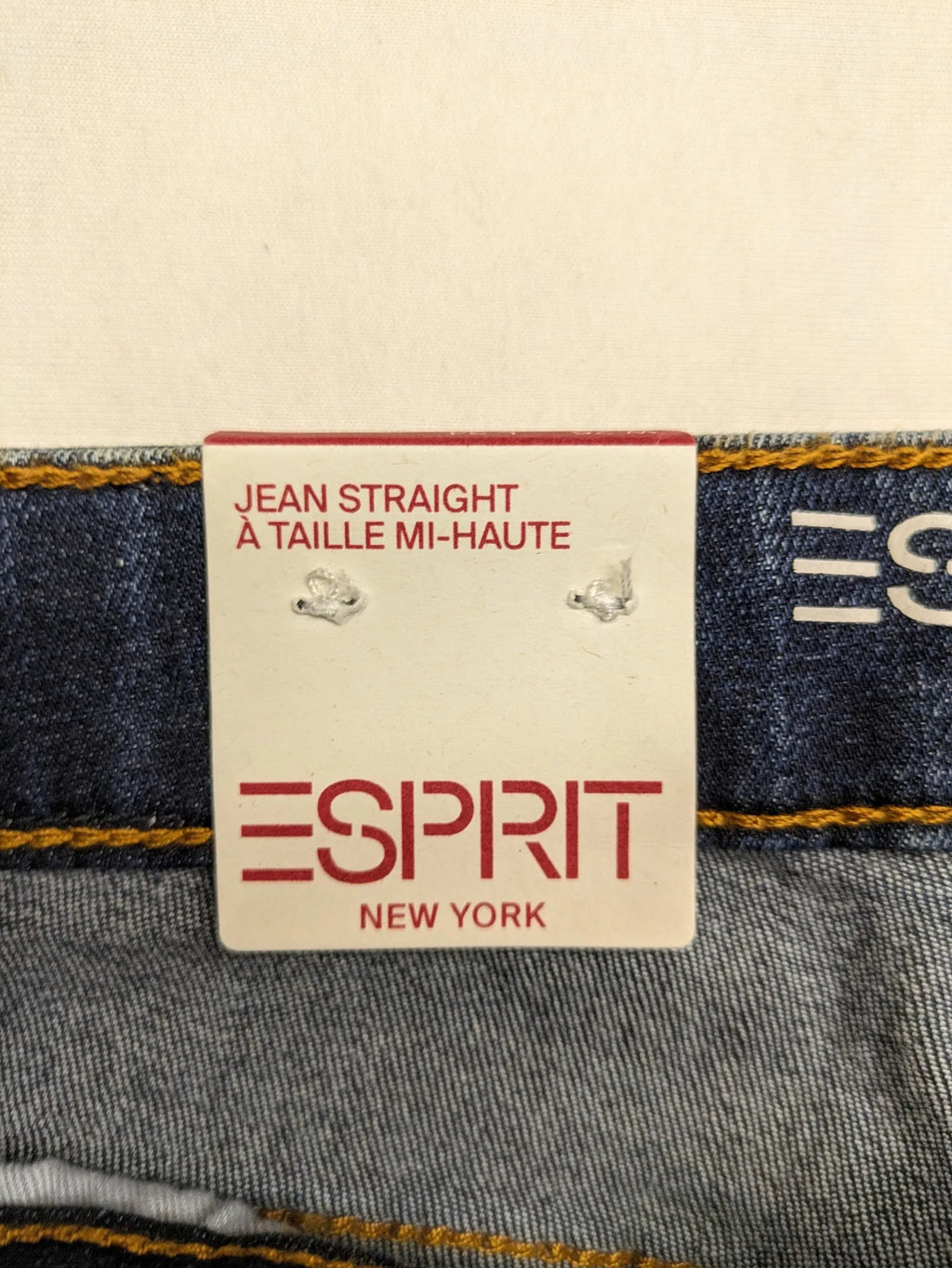 Esprit blue straight leg jeans mid rise 5-pocket design with zipper, dark wash.