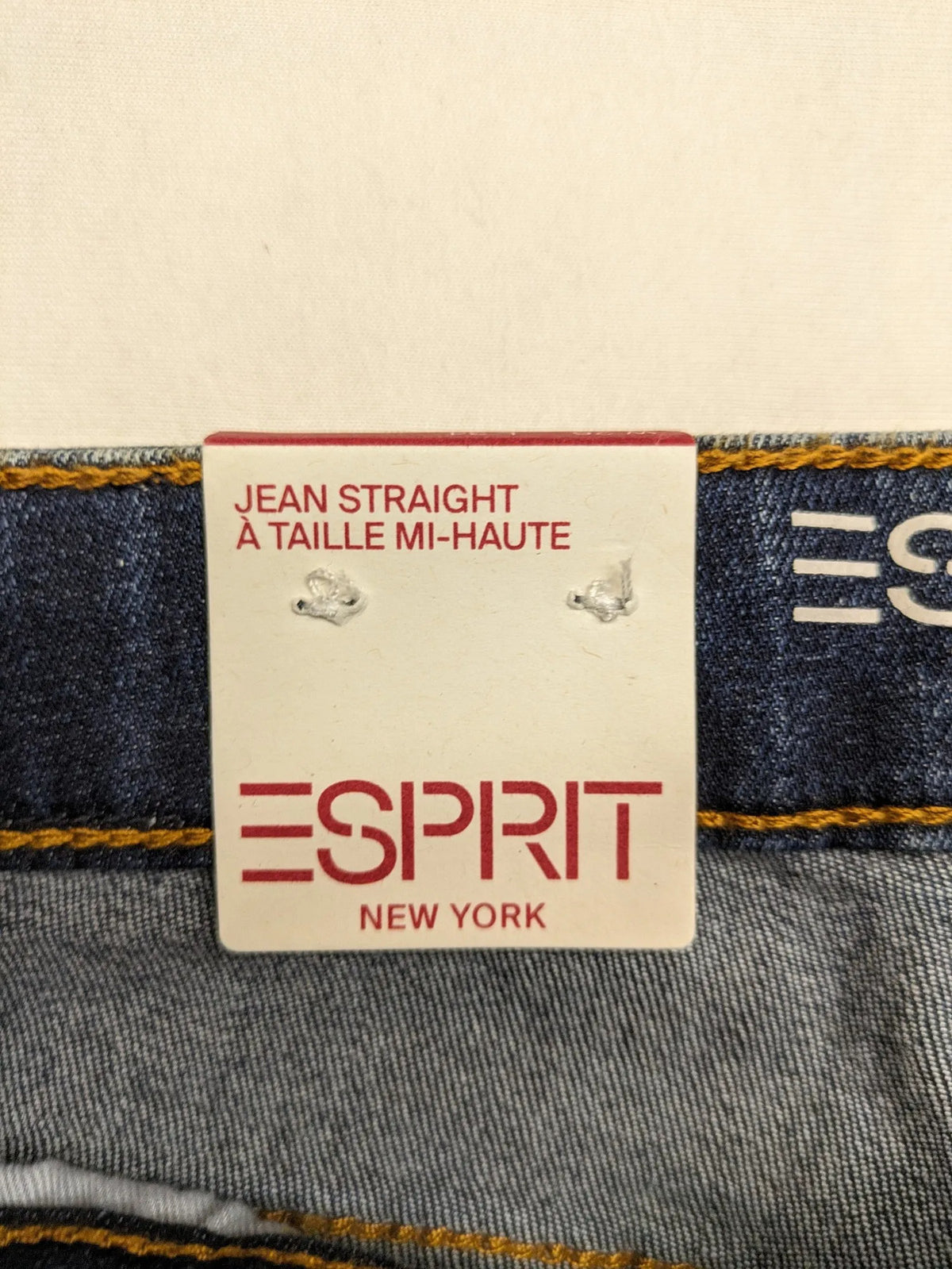 Esprit blue straight leg jeans mid rise 5-pocket design with zipper, dark wash.