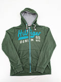 Tommy Hilfiger Denim green hoodie full zip with large graphic logo and grey waffle lining.