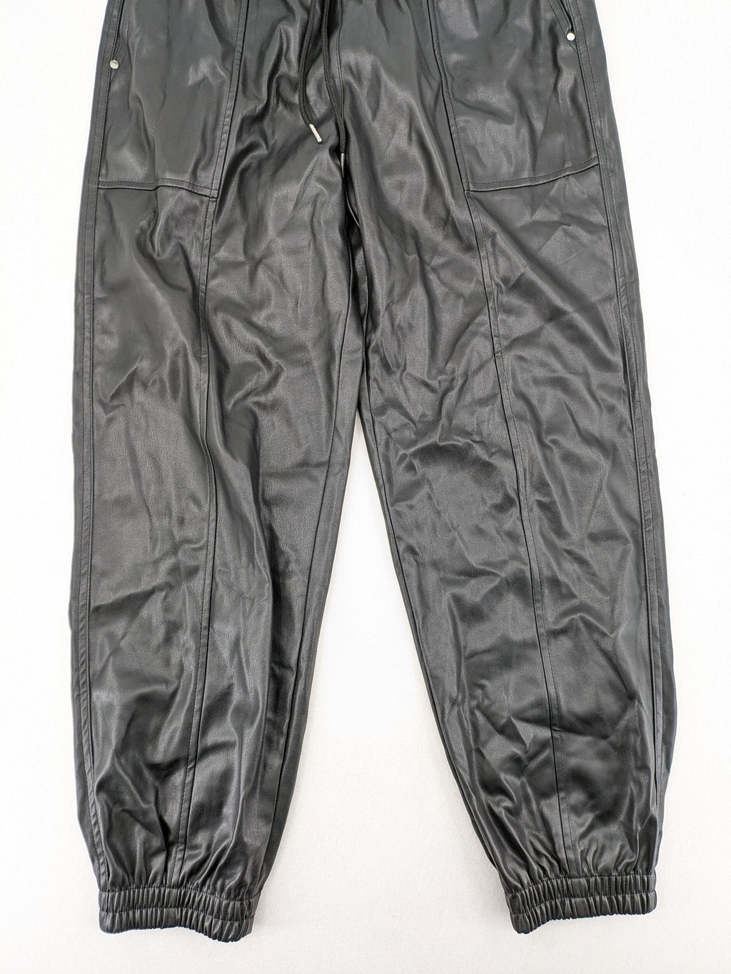 FB Sister grey jogger pants high waist with elastic waistband and drawstring, faux leather material.