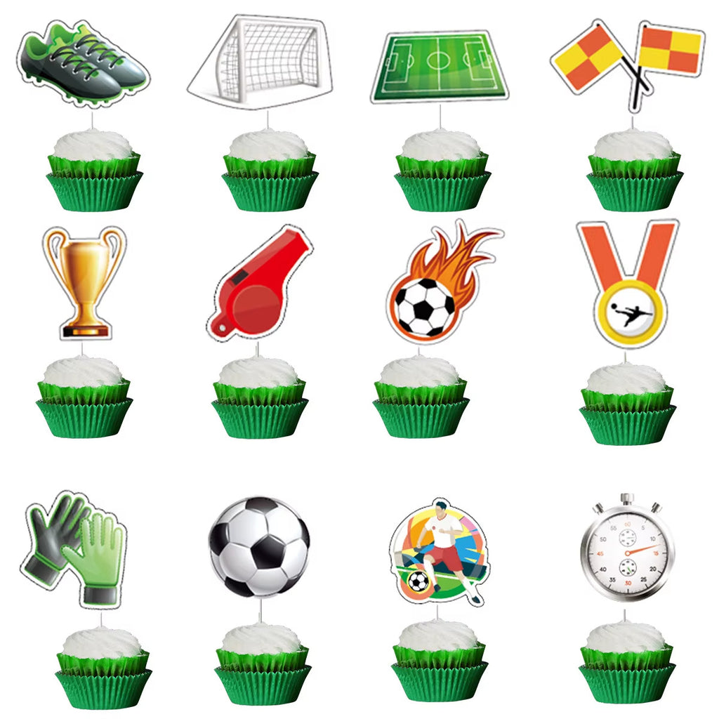 XXL blue, red, yellow football birthday decoration set with balloons and banners.