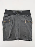 Romatie black mini bodycon skirt satin finish high waist with gold zippers and buckles.