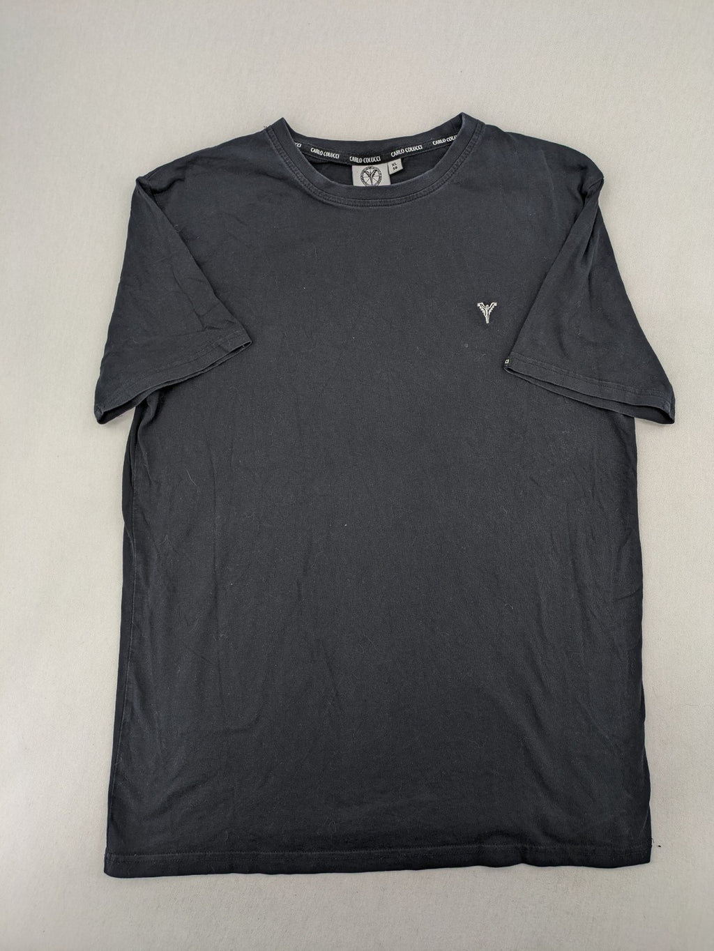 Carlo Colucci grey t-shirt with embroidered logo on chest and brand label details.