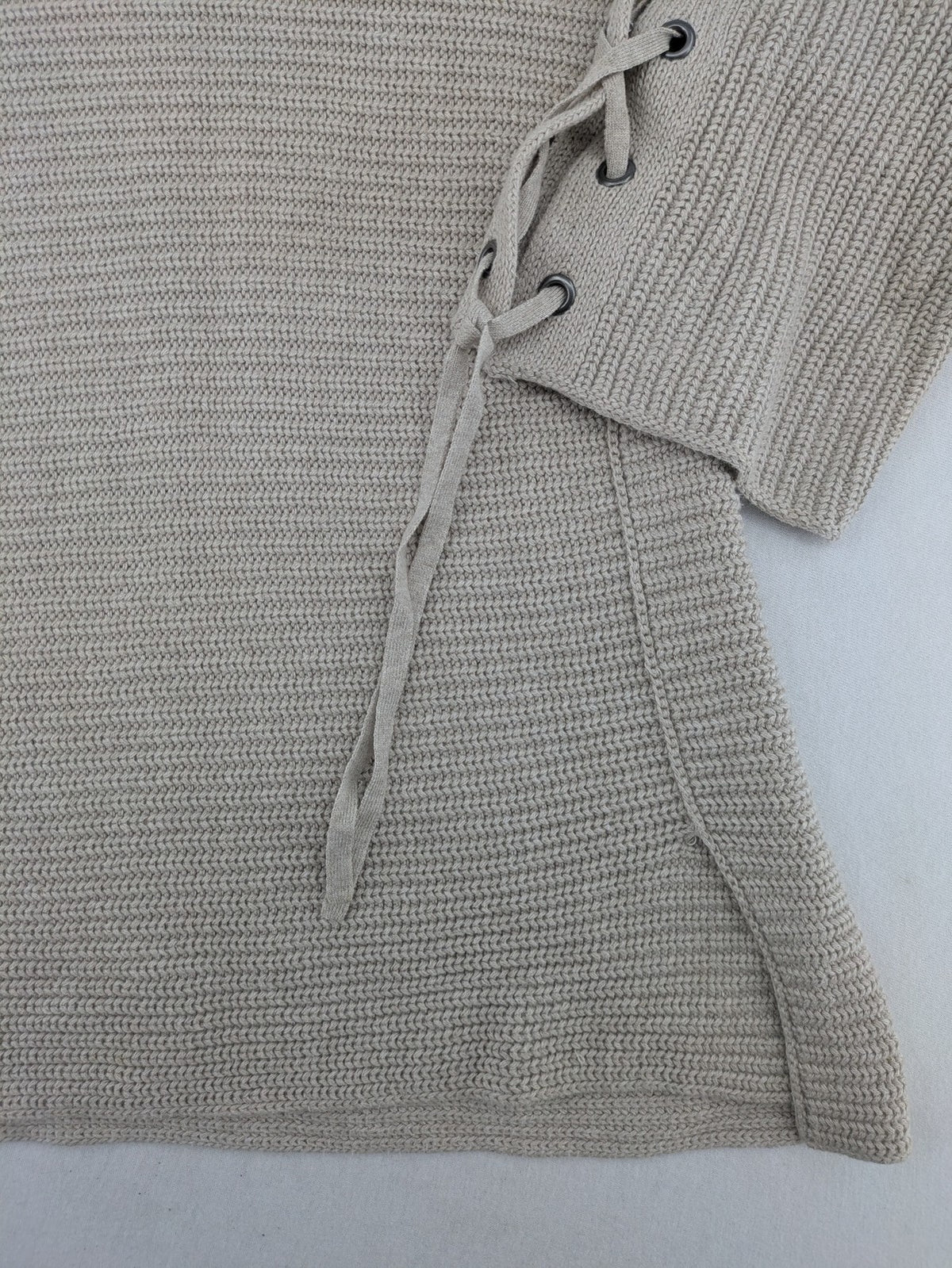 Oui knit jumper beige with lace-up sleeve details and 3/4 length arms.
