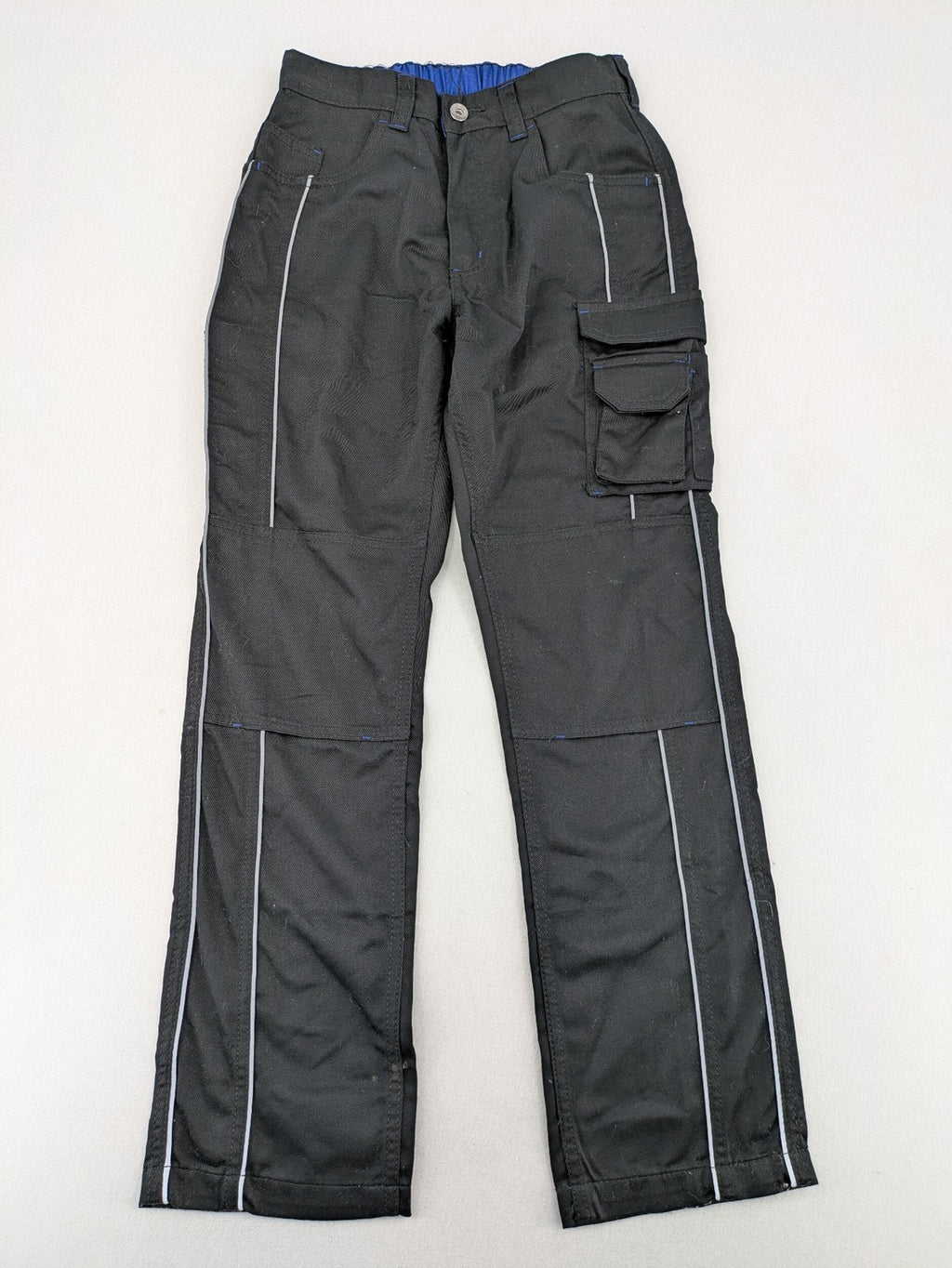 Powerfix Profi blue cargo pants with reflective stripes and side pockets, durable polyester-cotton blend.