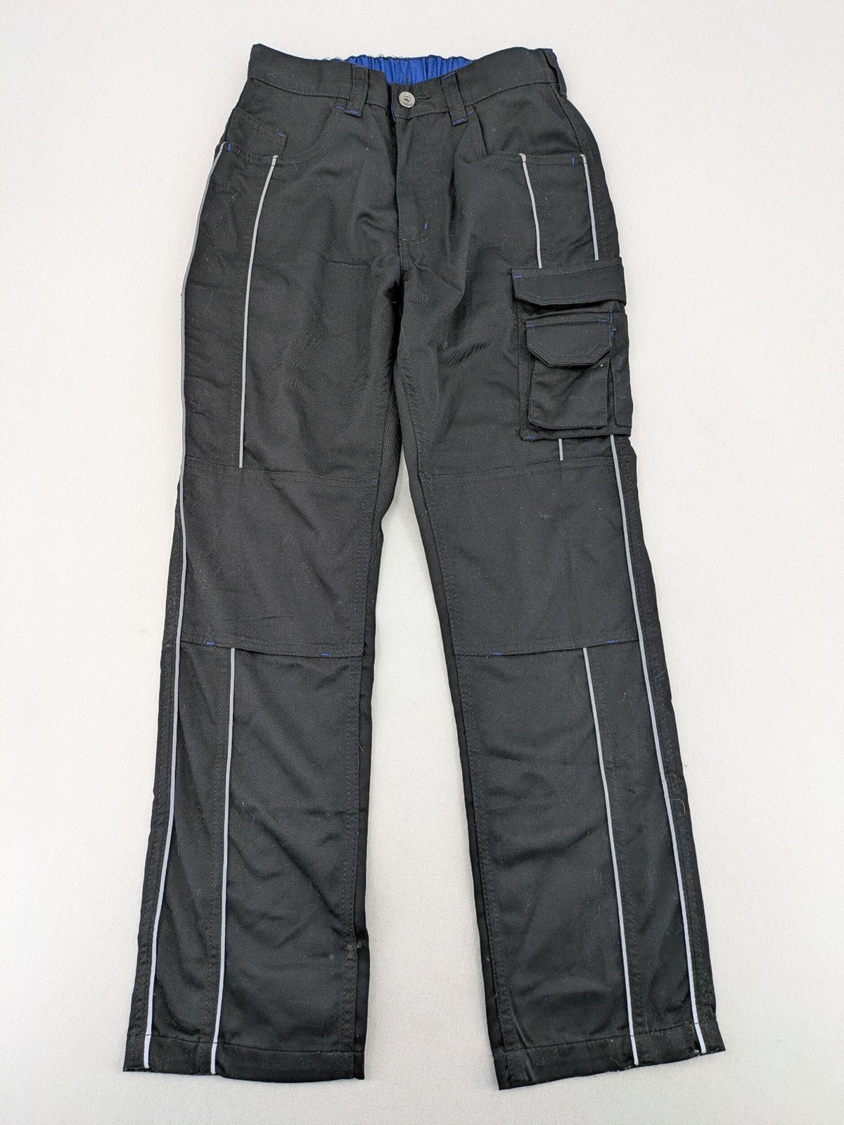 Powerfix Profi blue cargo pants with reflective stripes and side pockets, durable polyester-cotton blend.