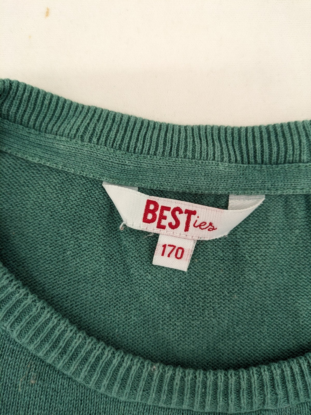 BESTies green turtle neck jumper with white skateboard graphic and ribbed cuffs.
