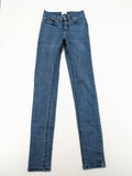 Dust blue skinny jeans with mid-rise waist and classic wash, stretch denim material.
