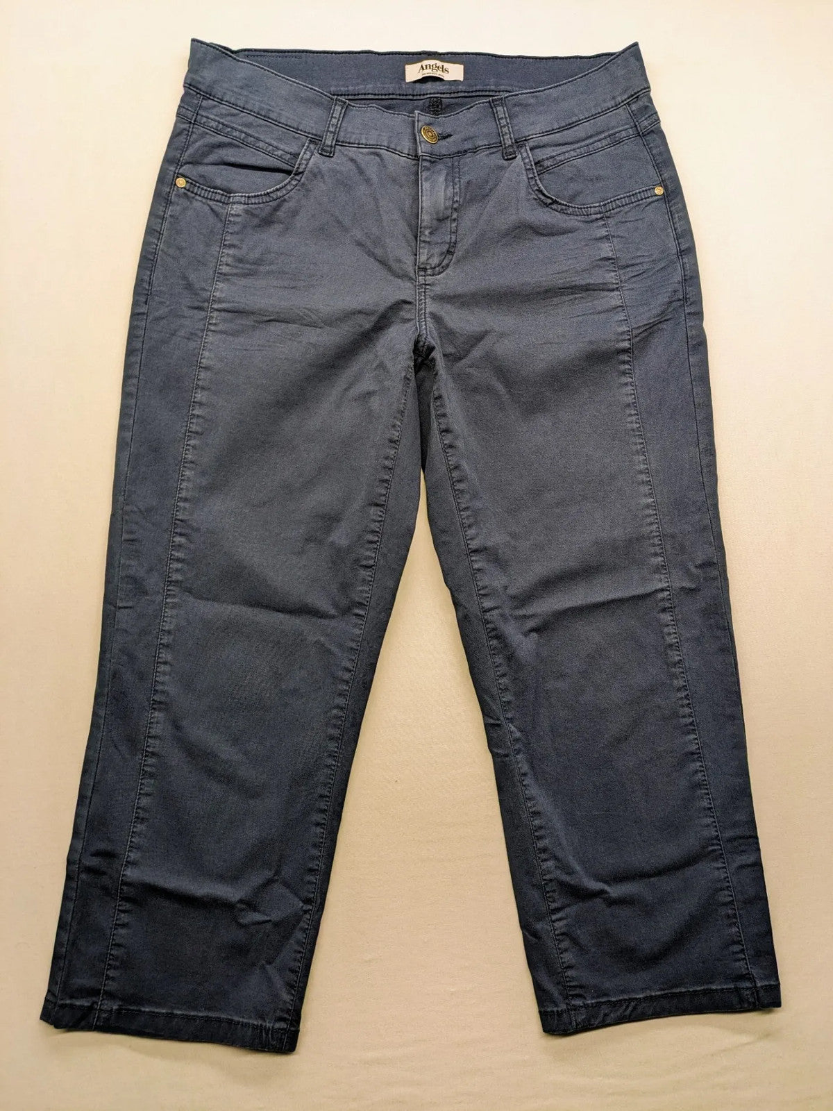 Angels blue straight jeans with five-pocket design and vertical front seams.