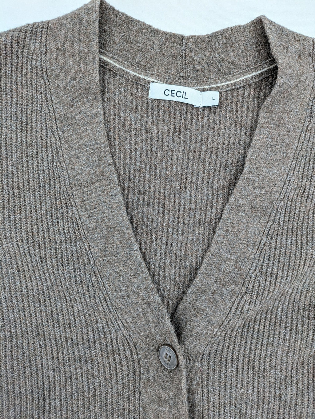 Cecil grey turtle neck jumper ribbed texture V-neck with button closure.