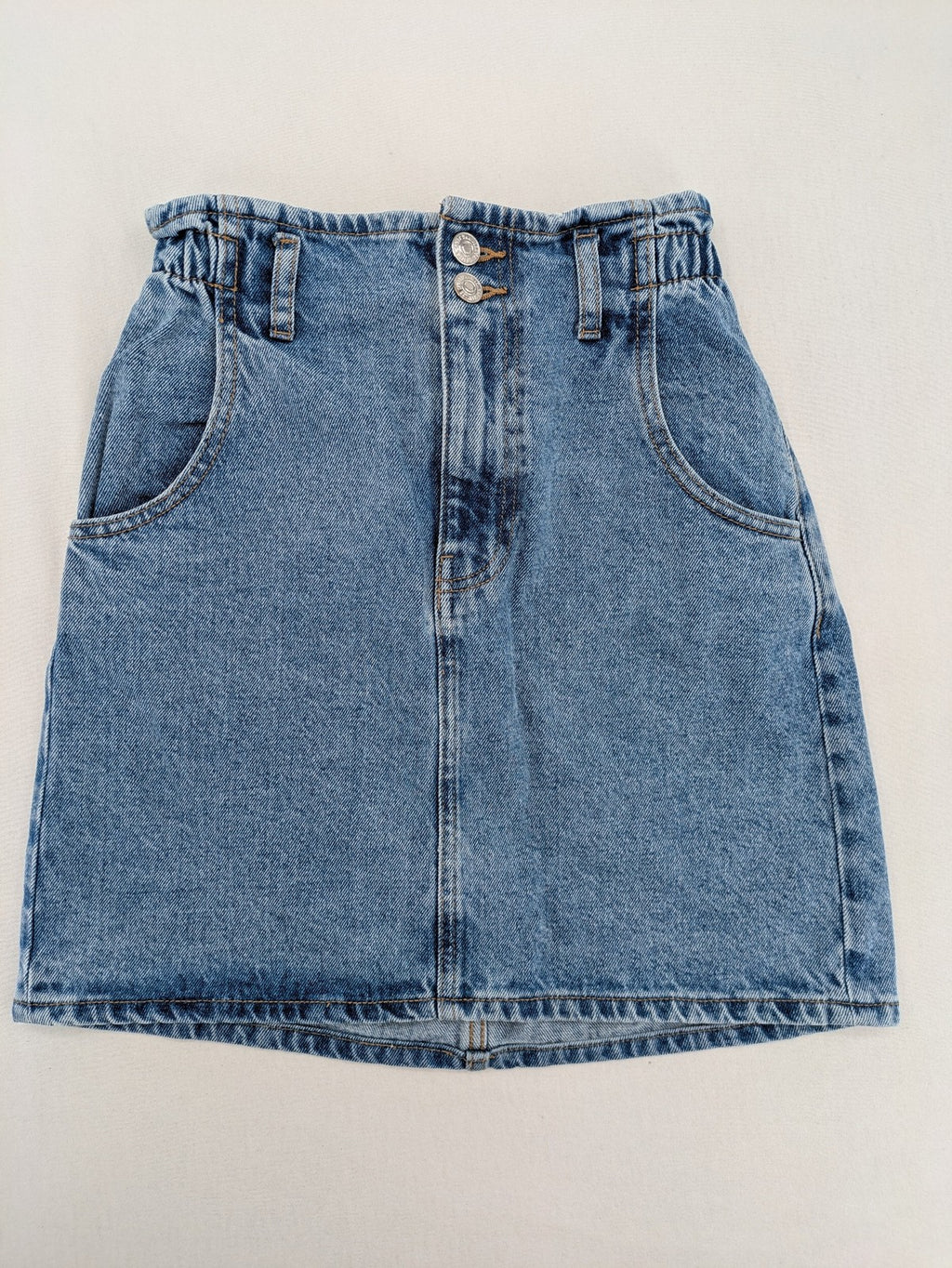 MNG blue knee-length skirt high waist paperbag style with elastic back and classic wash.