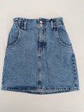 MNG blue knee-length skirt high waist paperbag style with elastic back and classic wash.