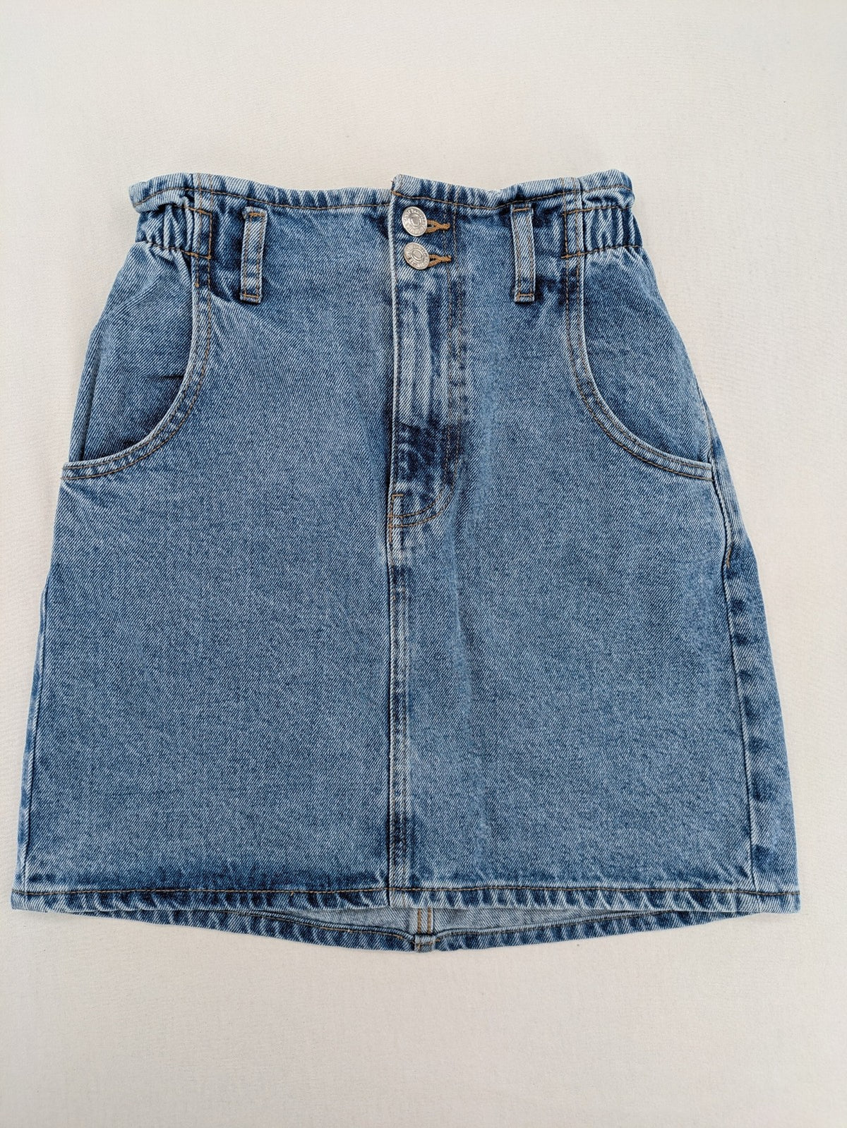 MNG blue knee-length skirt high waist paperbag style with elastic back and classic wash.