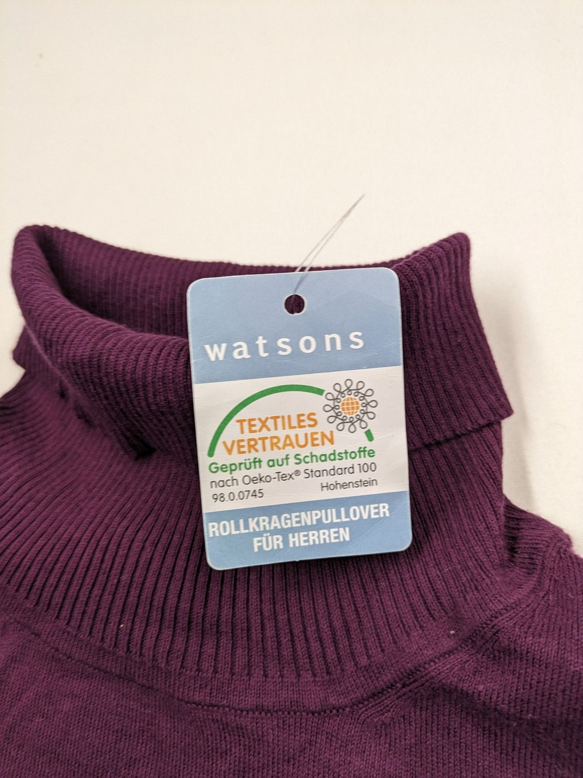 Watsons turtle neck jumper burgundy fine knit with ribbed collar and tag.