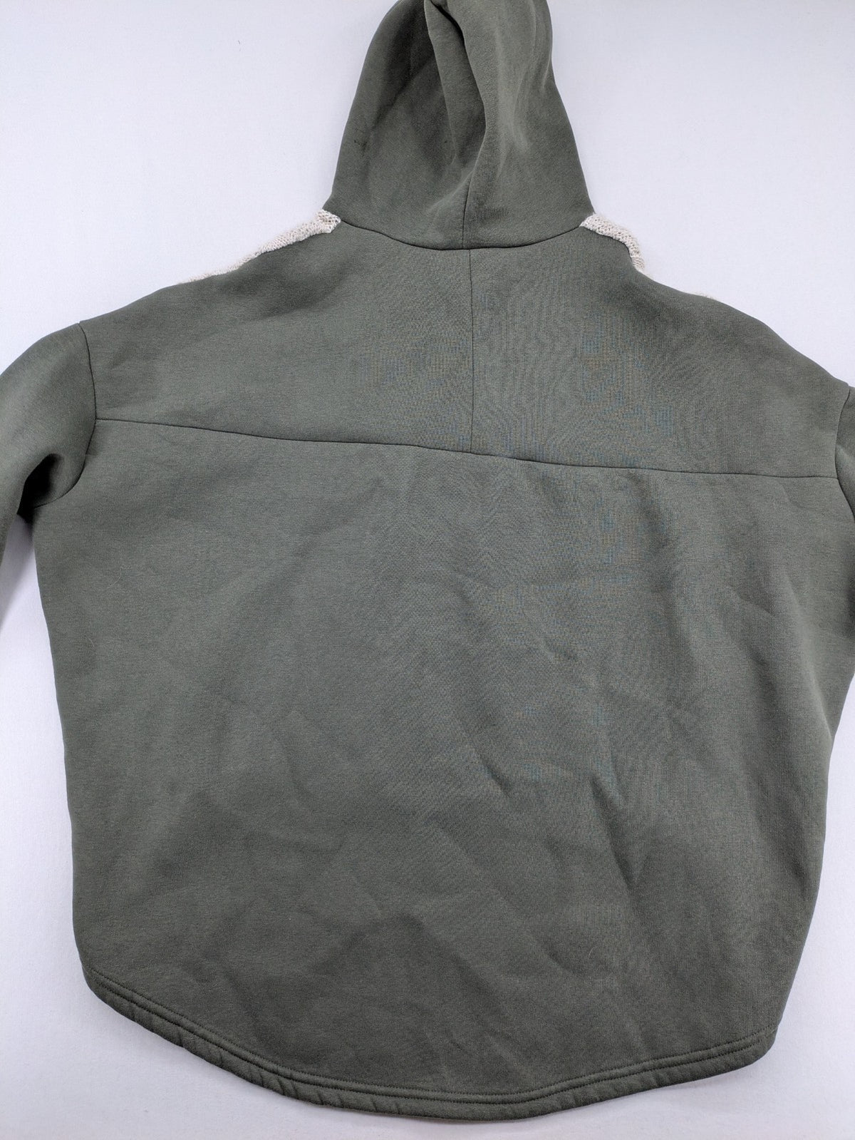 DCJ cream and olive green hoodie with cable knit pattern and graphic text sleeves.