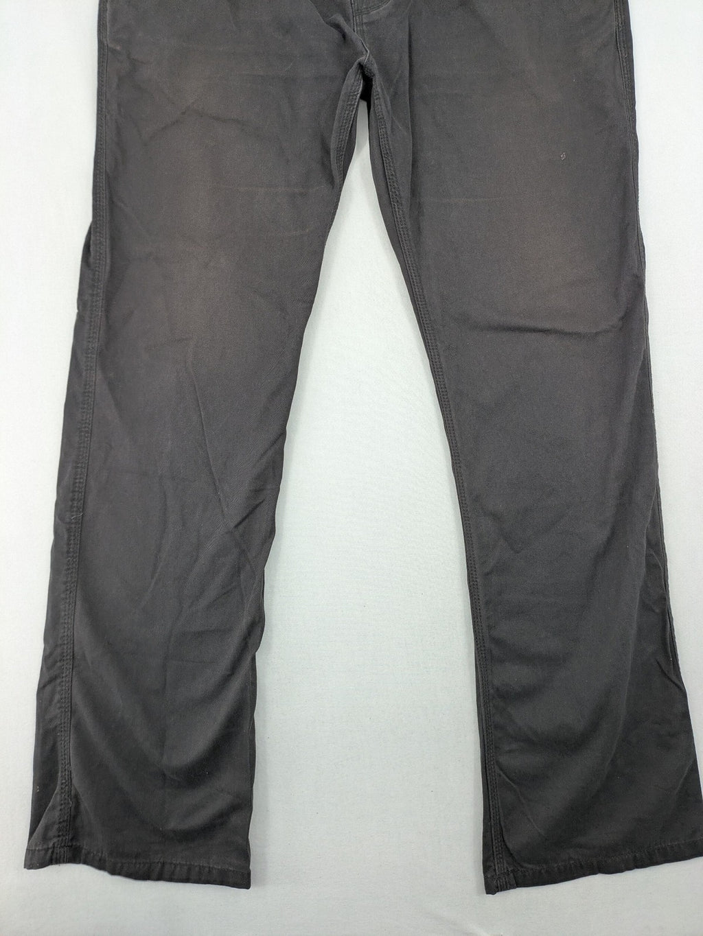 Denim & Co. grey chino pants cotton workwear with button fly and pocket rivets.