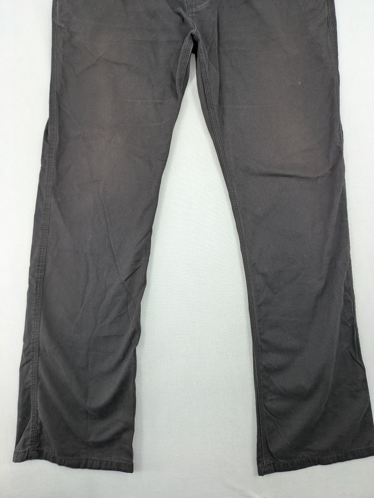 Denim & Co. grey chino pants cotton workwear with button fly and pocket rivets.