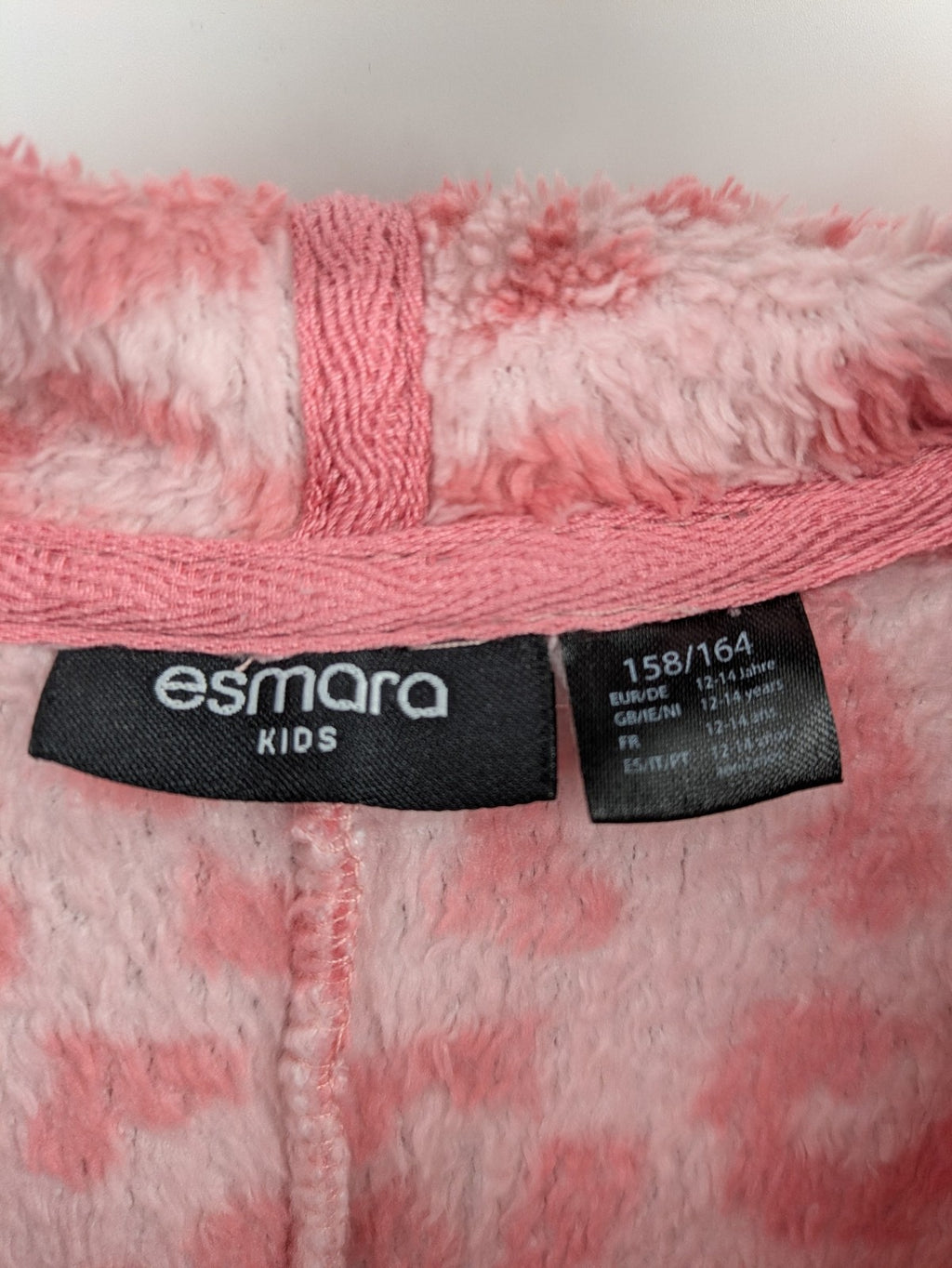 ESMARA pink fleece overalls with playful leopard pattern and hooded design.