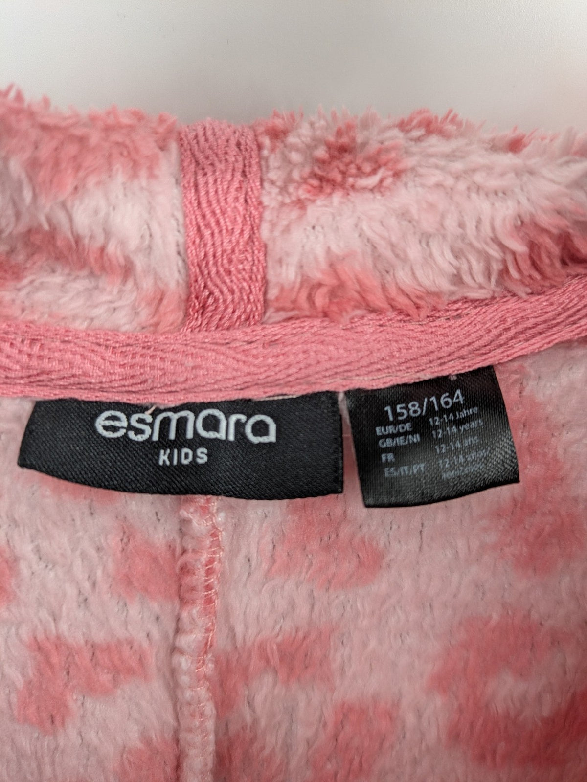 ESMARA pink fleece overalls with playful leopard pattern and hooded design.