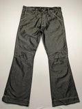 CIPO grey bootcut biker jeans with white contrast stitching and moto-inspired knee pleats.