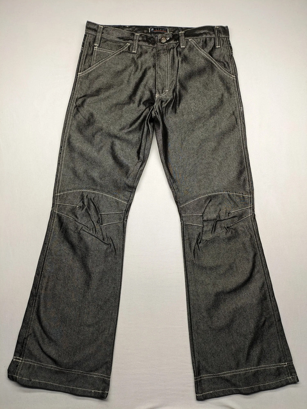 CIPO grey bootcut biker jeans with white contrast stitching and moto-inspired knee pleats.