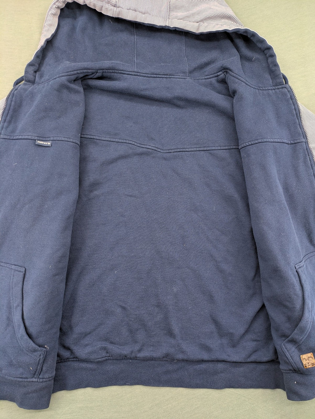 Djinns grey navy striped hoodie full zip with wooden button details and logo patches.