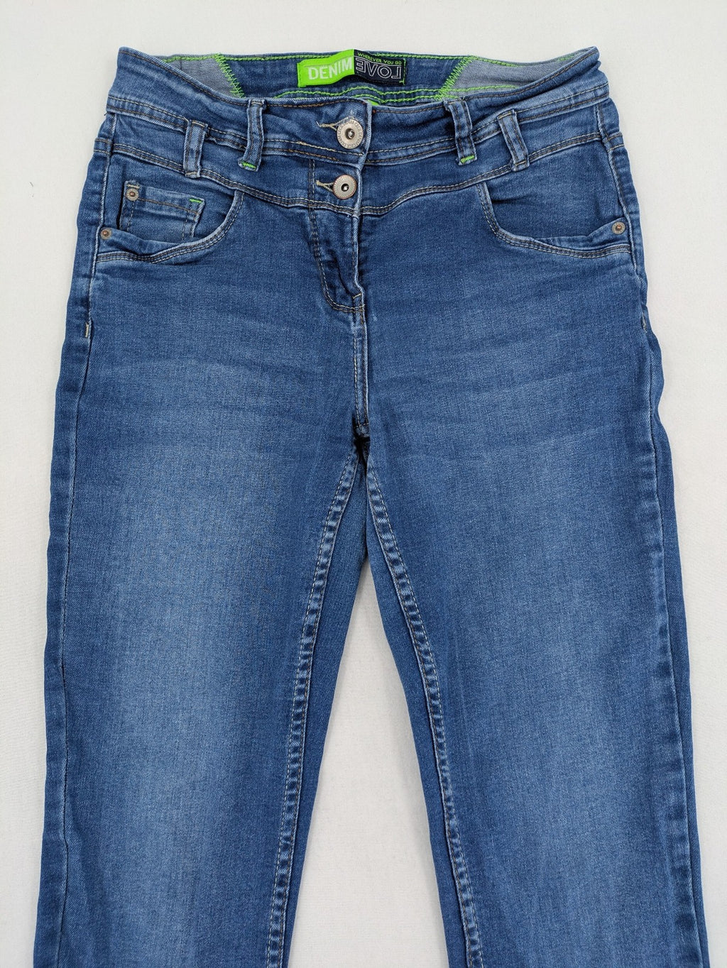 Cecil blue straight jeans with neon green accents and classic 5-pocket design.
