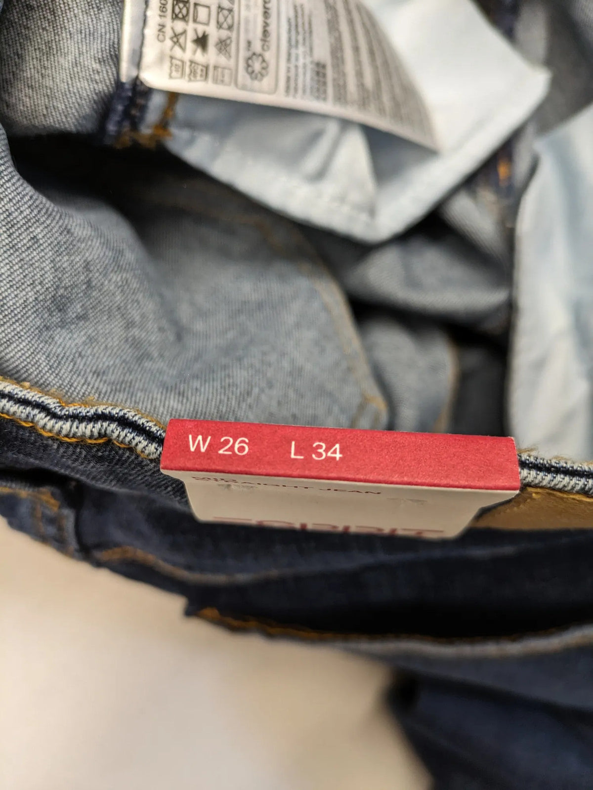 Esprit blue straight leg jeans mid rise 5-pocket design with zipper, dark wash.