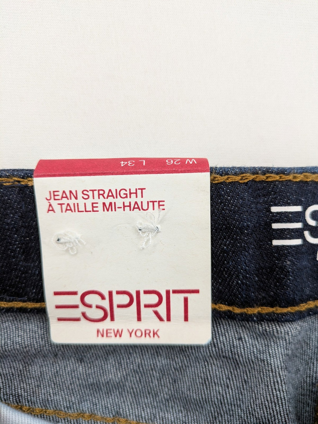 Esprit blue straight leg jeans mid rise with classic 5-pocket design and contrast stitching.