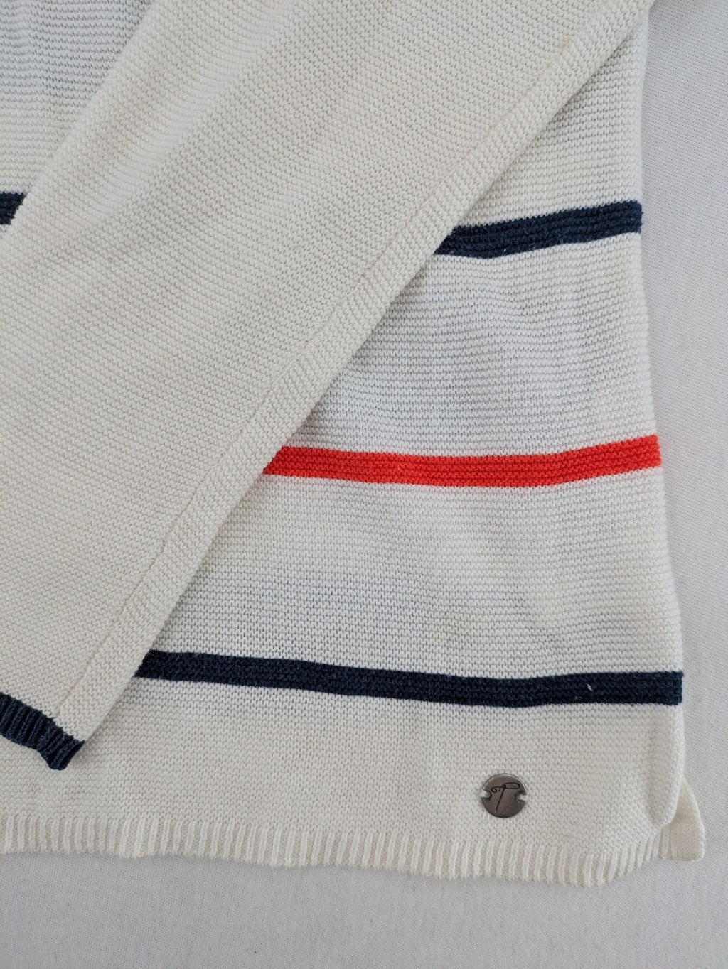 Tom Tailor cream turtle neck jumper with navy stripes and red accent, featuring anchor embroidery.