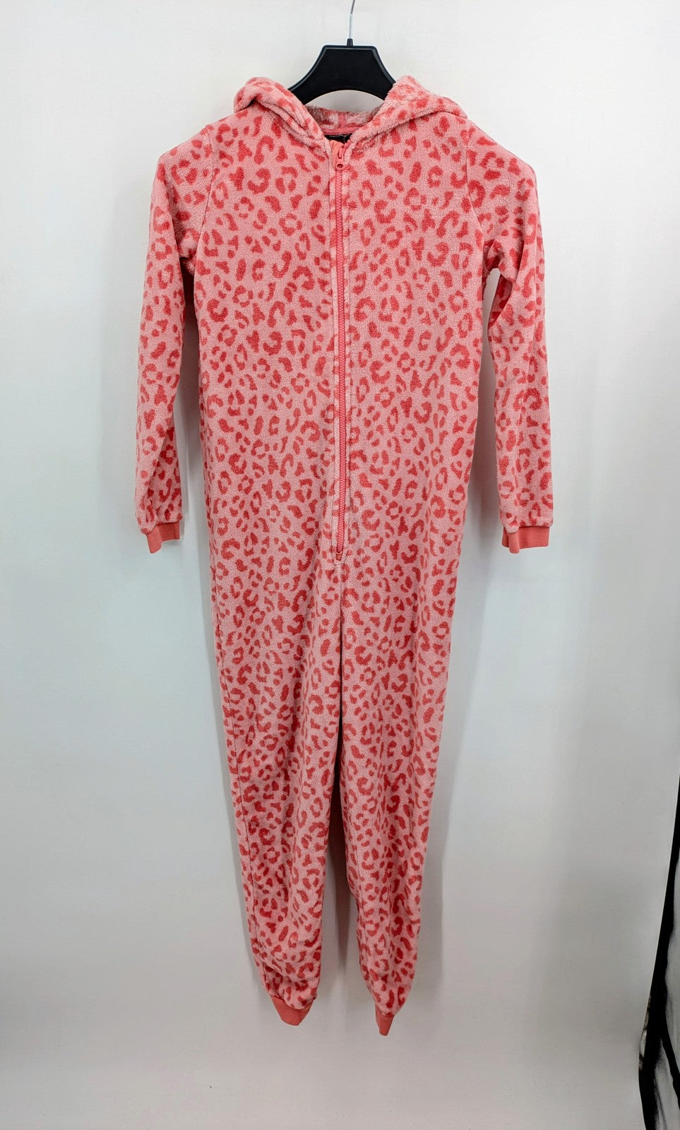 ESMARA pink fleece overalls with playful leopard pattern and hooded design.
