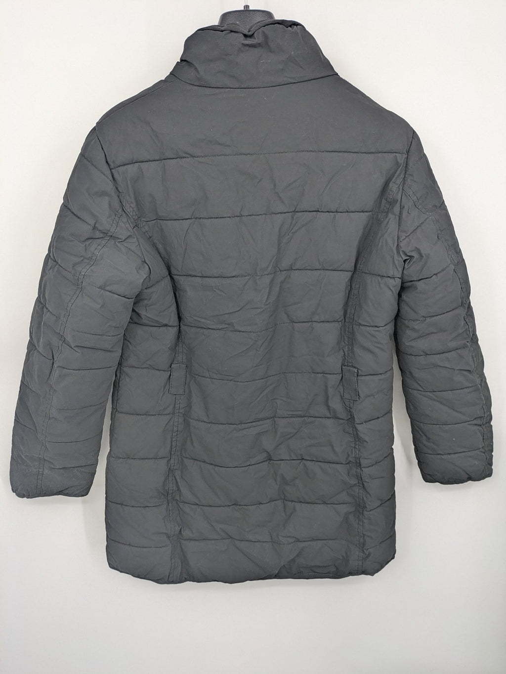 Mark Adam grey quilted jacket with high collar and buttoned flap pockets.