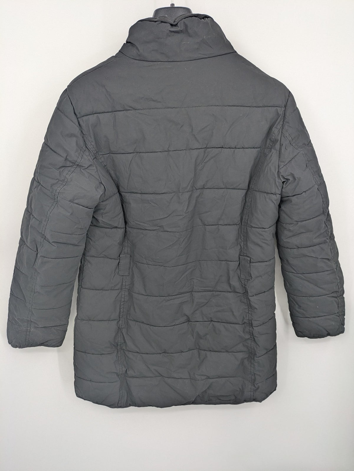Mark Adam grey quilted jacket with high collar and buttoned flap pockets.