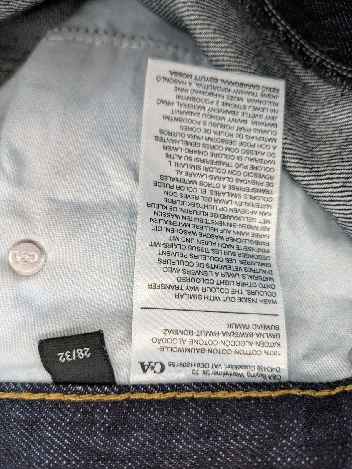 C&A blue straight jeans W28 L32 with 5-pocket design and contrasting orange stitching.