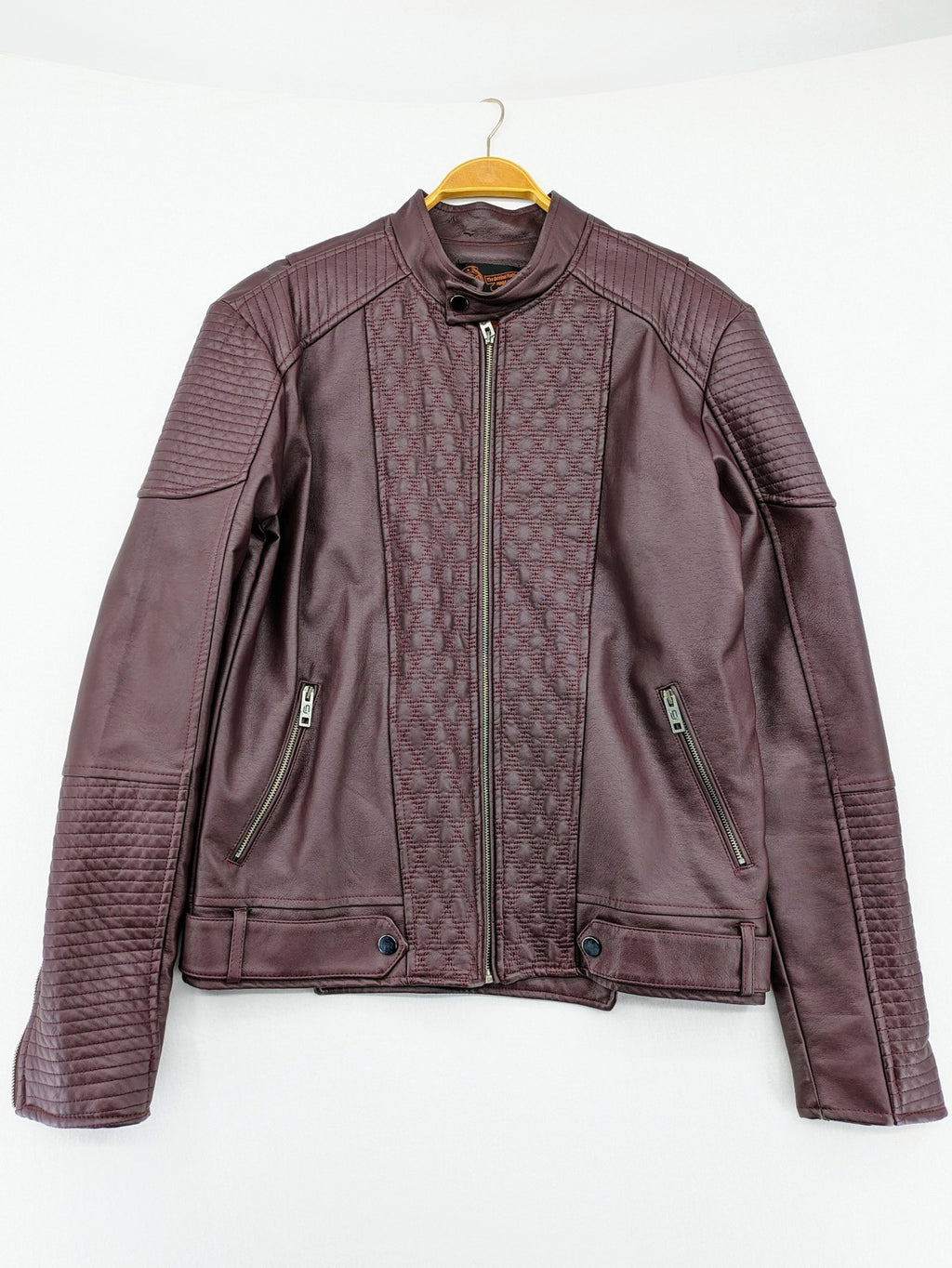 Leif Nelson burgundy biker jacket faux leather with quilted shoulder and sleeve details.
