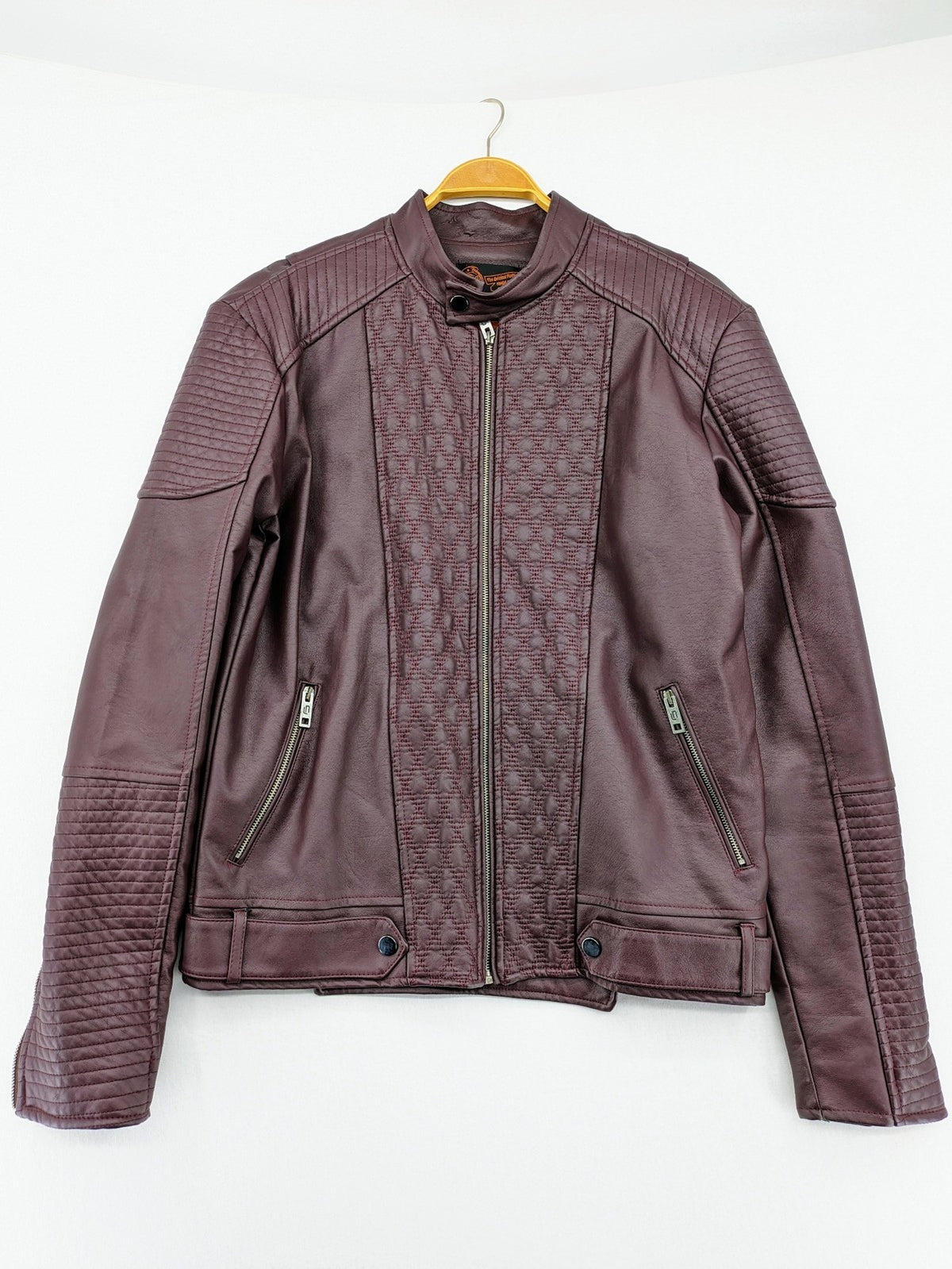 Leif Nelson burgundy biker jacket faux leather with quilted shoulder and sleeve details.